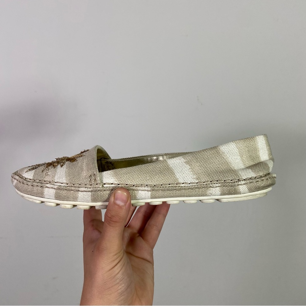 Coach Rorie Gold Sequin Embellished Tan Stripe Sunburst Flat Loafers - Picture 4 of 8